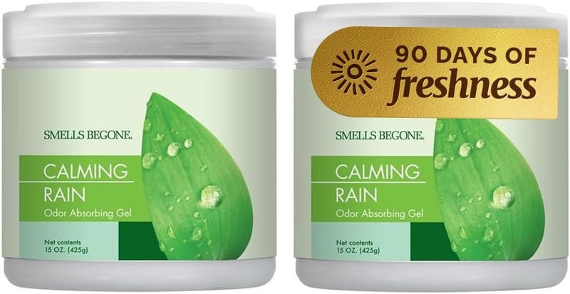 SMELLS BEGONE Air Freshener Odor Absorber Gel - 15 oz, Pack of 2 - Absorbs and Eliminates Odor in Pet Areas, Bathrooms, Cars, & Boats - Made with Essential Oils - Calming Rain Scent - Image 1