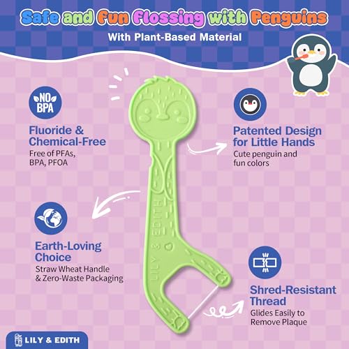 LILY & EDITH Straw Wheat Kids Flossers 160ct, Plant Based Dental Floss Picks for Children, Fluoride & Chemical Free(PFA Free), Penguin Flossing Sticks for Toddler, Paper Package, Unflavored - Image 2