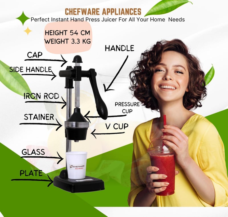 CHEFWARE عصارة فواكه وخضروات يدوية من الألمنيوم CHEFWARE كبيرة باللون الأسود 100% مصنوعة في الهند Juice Pro Black - Image 4