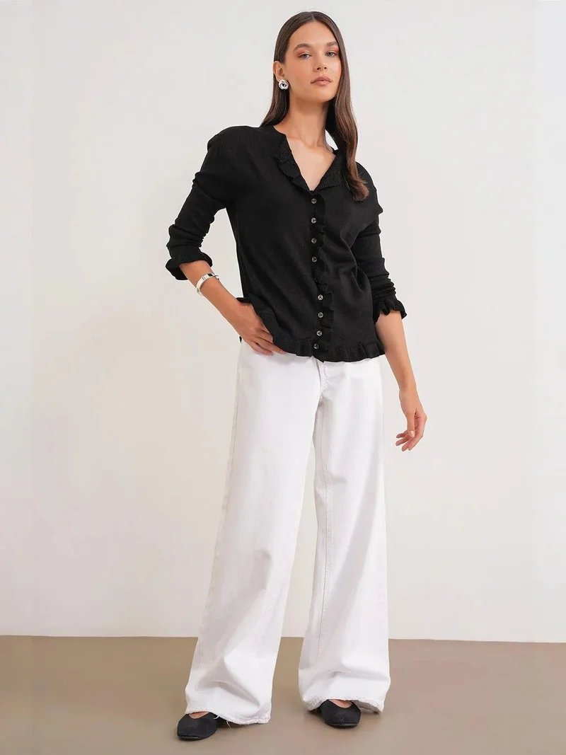 MixRay MIXRAY Frilly Ribbed Knit Cardigan