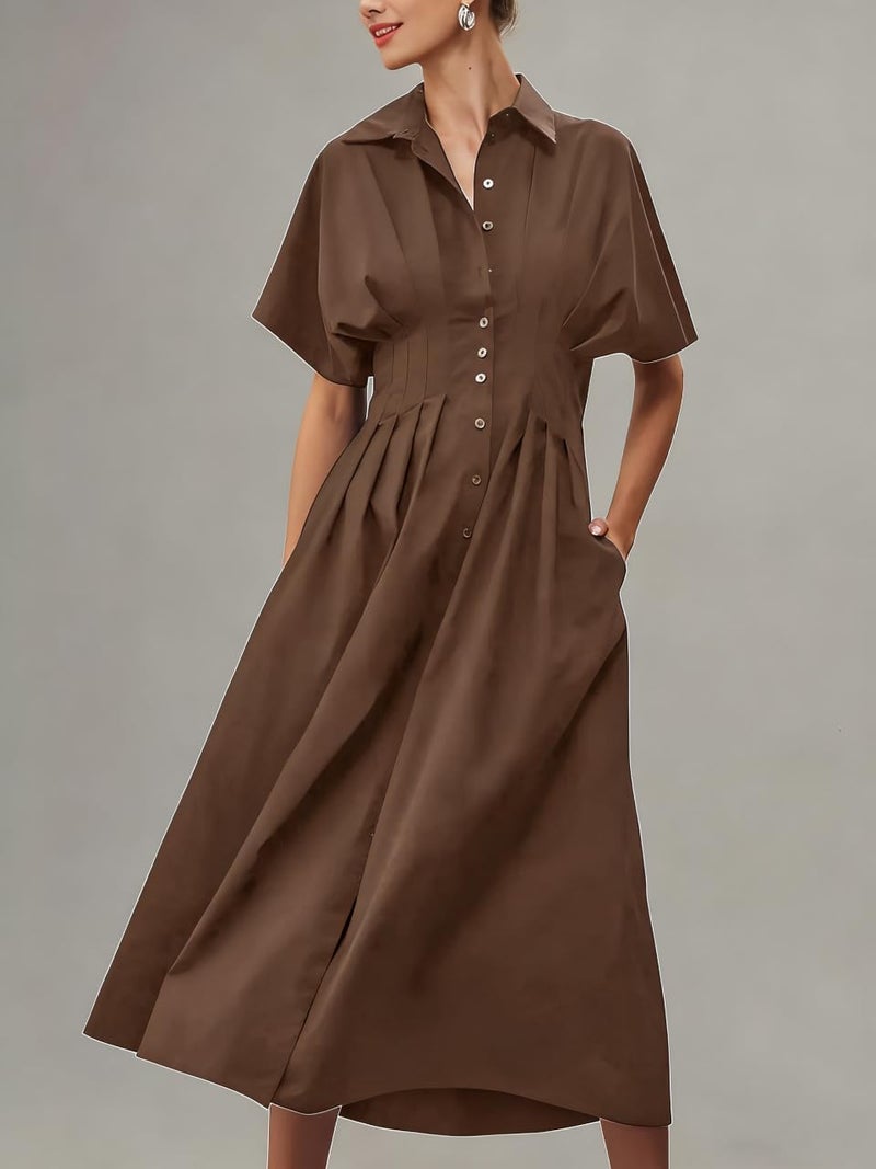 Yeokou Shirt Dress for Women Summer Casual Short Sleeve Button Down Loose Pleated Maxi Sundress with Pockets (Brown-M) - Image 2