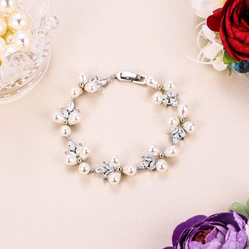 EVER FAITH Women's CZ Cream Simulated Pearl Floral Leaf Wedding Bride Tennis Bracelet White Silver-Tone - Image 3