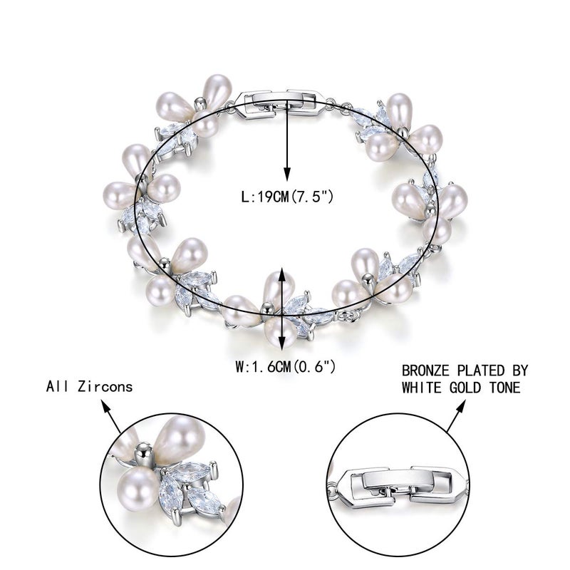 EVER FAITH Women's CZ Cream Simulated Pearl Floral Leaf Wedding Bride Tennis Bracelet White Silver-Tone - Image 4