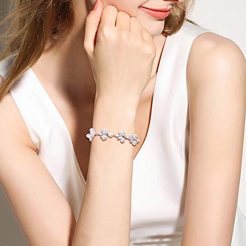 EVER FAITH Women's CZ Cream Simulated Pearl Floral Leaf Wedding Bride Tennis Bracelet White Silver-Tone - Image 2