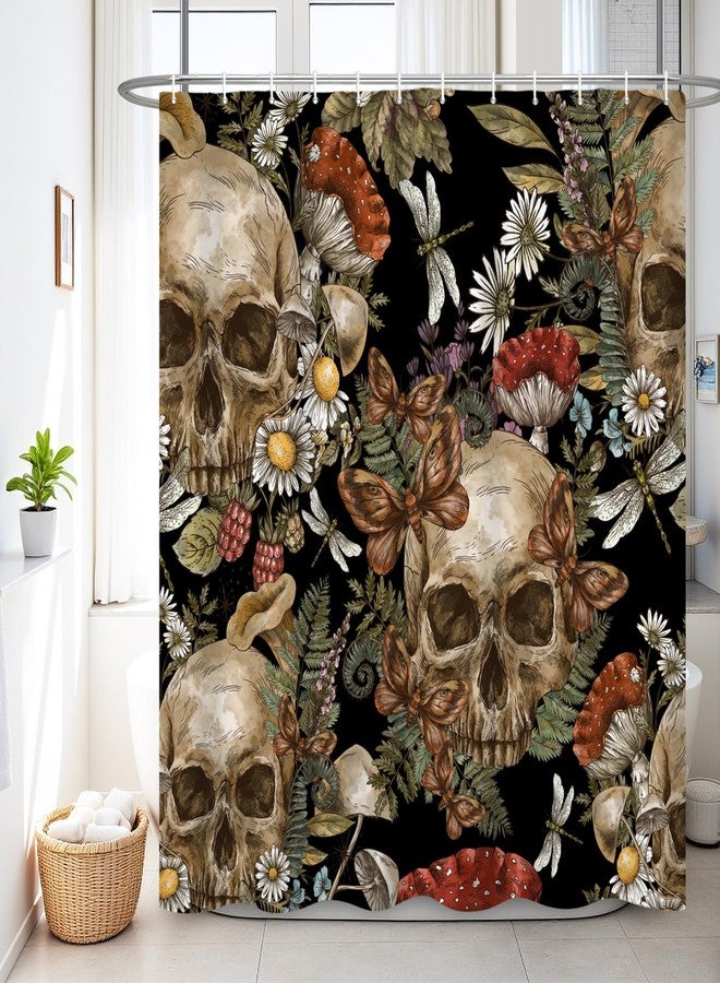 Renaiss 72 x 72 Inch Gothic Sugar Skull Shower Curtain Spooky Skeleton Vintage Mushroom Flower Floral Daisy Bath Shower Curtain Halloween Botanical Aesthetic Bathroom Decor Curtains Polyester 12 Hooks - Image 1
