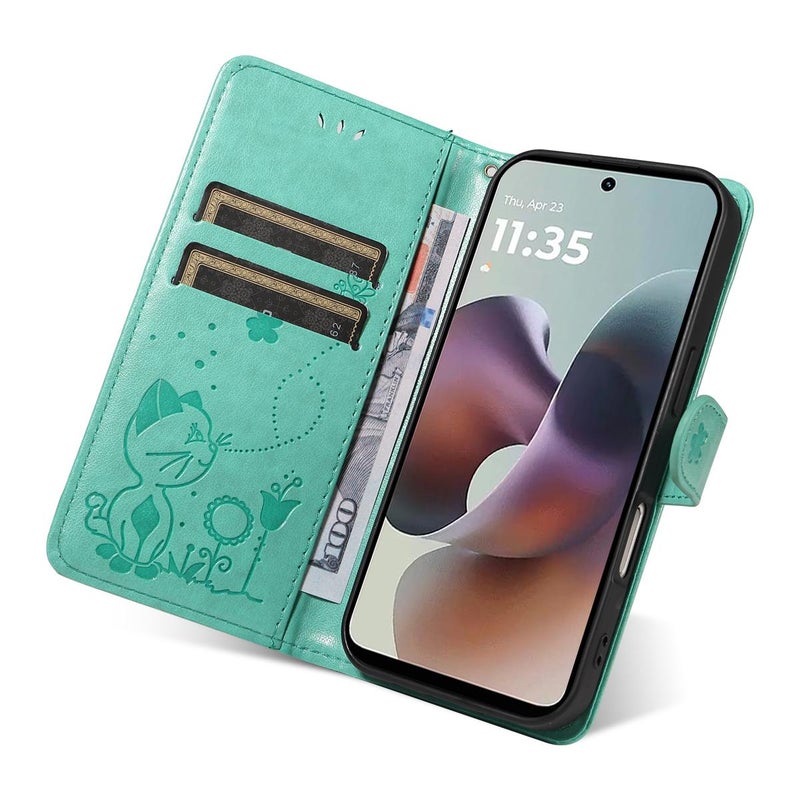 erorex For Motorola Moto G56 5G Cat and Bee Embossed Flip Leather Phone Case(Green) - Image 5
