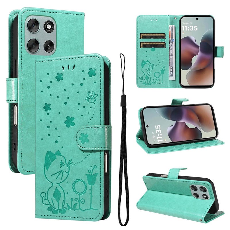 erorex For Motorola Moto G56 5G Cat and Bee Embossed Flip Leather Phone Case(Green) - Image 1