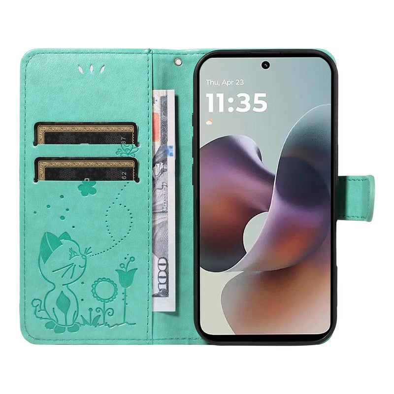 erorex For Motorola Moto G56 5G Cat and Bee Embossed Flip Leather Phone Case(Green) - Image 4