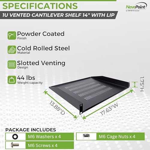 NavePoint Cantilever Server Shelf Vented Shelves Rack Mount 19 Inch 1U Black 14 Inches (350mm) deep - Image 4