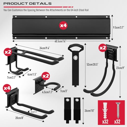 SEDY 64" Heavy Duty Garage Storage Tool Organizer Wall Mount - Tool Rack with Adjustable Hooks, Anti-Rust, 300lbs Capacity - Easy Installation (4 Racks, 10 Hooks, 3 Straps) - Image 3