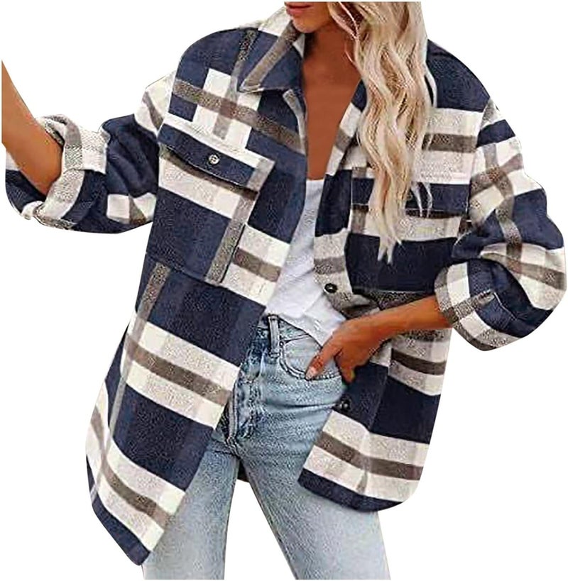 woobles Womens Plaid Shacket Casual Flannel Shirt Long Sleeve Corduroy Coat Button Down Fall Jacket Shacket 2022 Fashion Clothes Small 017-navy - Image 1