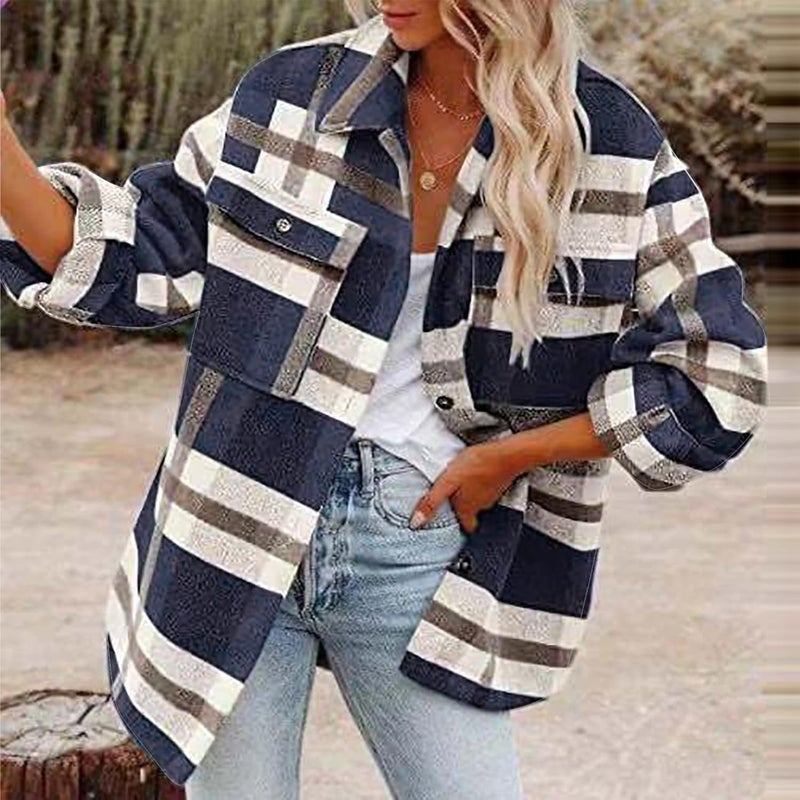 woobles Womens Plaid Shacket Casual Flannel Shirt Long Sleeve Corduroy Coat Button Down Fall Jacket Shacket 2022 Fashion Clothes Small 017-navy - Image 2