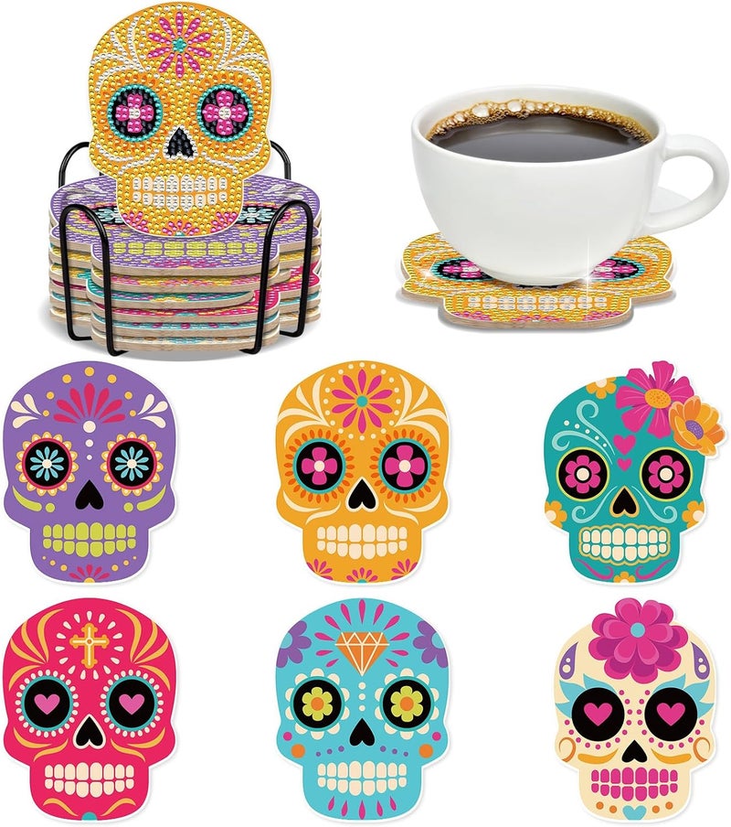 INCOK Sugar Skull Diamond Art Coasters - 6 PCS DIY Colorful Diamond Painting Coasters Kits Home Table Decor Art Craft Supplies The Day of Dead Día De Los Muertos Gift for Skull Lovers Mexicans - Image 1