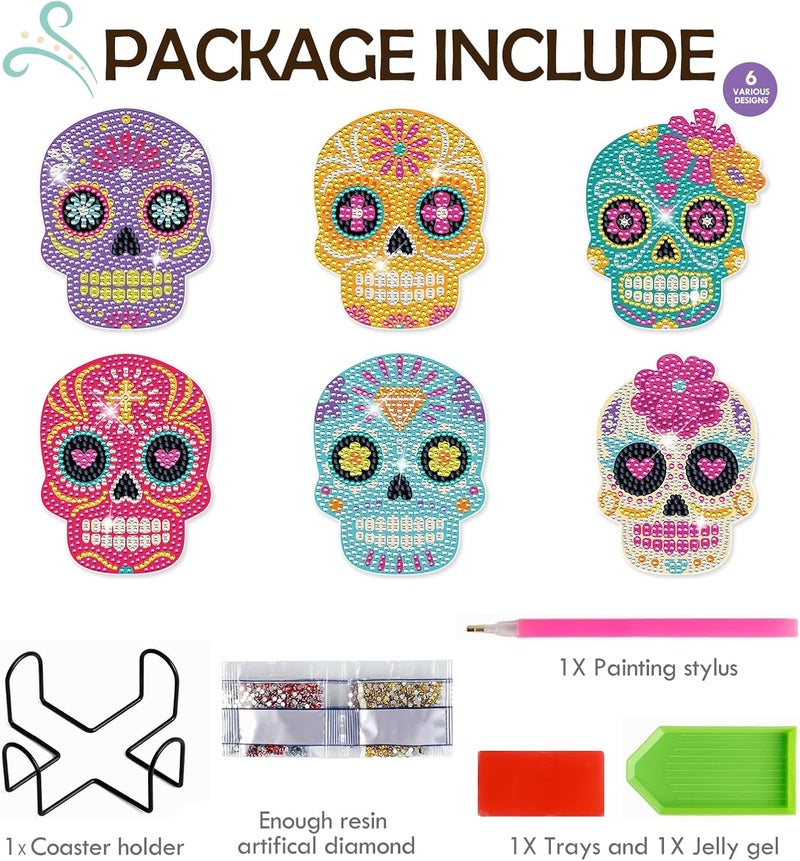 INCOK Sugar Skull Diamond Art Coasters - 6 PCS DIY Colorful Diamond Painting Coasters Kits Home Table Decor Art Craft Supplies The Day of Dead Día De Los Muertos Gift for Skull Lovers Mexicans - Image 4
