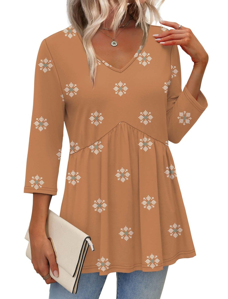 OFEEFAN Boho Tops for Women 3/4 Length Sleeve Womens Tops 2025 Blouses for Women Dressy Casual Fall Fashion Must Have Beach Vacation V Neck Babydoll Top Boho Orange L - Image 2