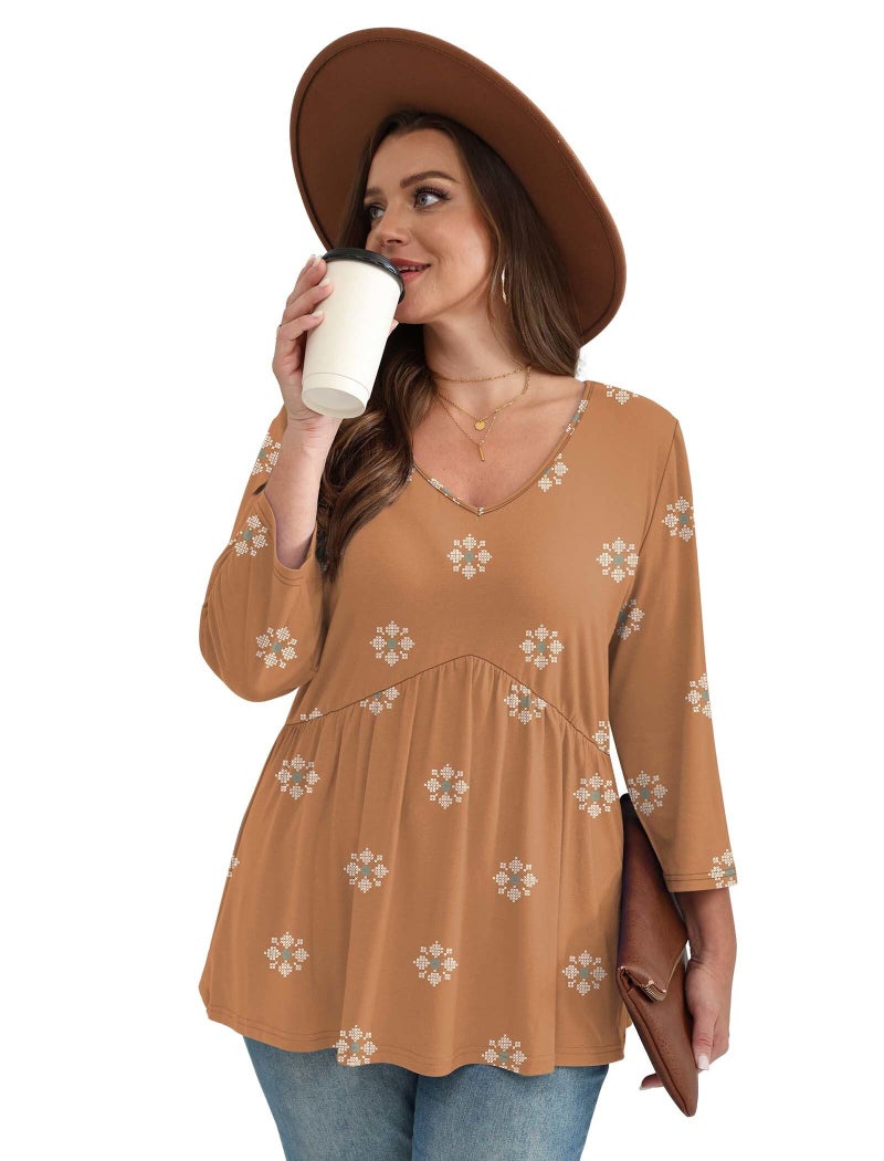 OFEEFAN Boho Tops for Women 3/4 Length Sleeve Womens Tops 2025 Blouses for Women Dressy Casual Fall Fashion Must Have Beach Vacation V Neck Babydoll Top Boho Orange L - Image 4