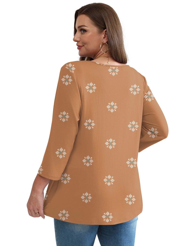 OFEEFAN Boho Tops for Women 3/4 Length Sleeve Womens Tops 2025 Blouses for Women Dressy Casual Fall Fashion Must Have Beach Vacation V Neck Babydoll Top Boho Orange L - Image 5