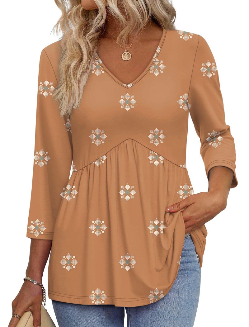 OFEEFAN Boho Tops for Women 3/4 Length Sleeve Womens Tops 2025 Blouses for Women Dressy Casual Fall Fashion Must Have Beach Vacation V Neck Babydoll Top Boho Orange L - Image 1