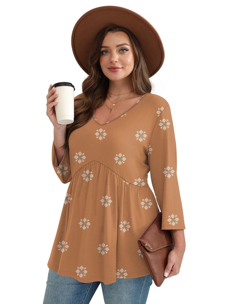 OFEEFAN Boho Tops for Women 3/4 Length Sleeve Womens Tops 2025 Blouses for Women Dressy Casual Fall Fashion Must Have Beach Vacation V Neck Babydoll Top Boho Orange L - Image 3