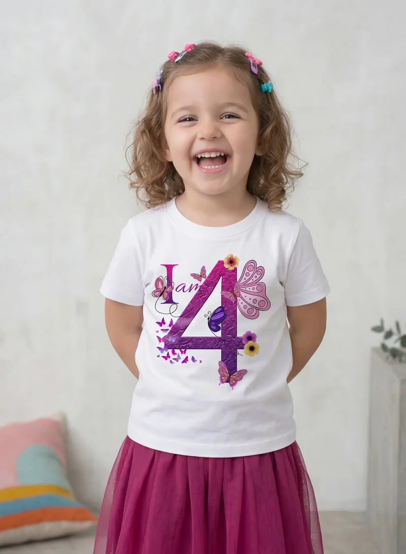 Funkaar Funkaar Birthday Girl, 4th Year Butterfly Birthday Graphic Print T-Shirt