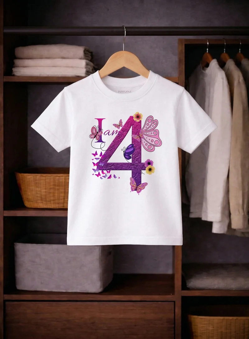 Funkaar Funkaar Birthday Girl, 4th Year Butterfly Birthday Graphic Print T-Shirt