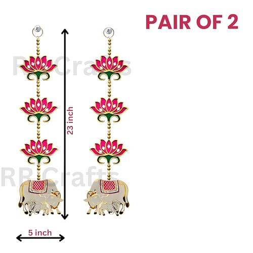 RR Crafts Engineered Wood,Rosewood Door Entrance Hanging,Mandir Door Decorations Items,Pink Lotus with Cowcalf Hanging,Ganpati Decor & Diwali Decoration|Door Hanging|2 Pieces|24 Inch|Export Quality - Image 2