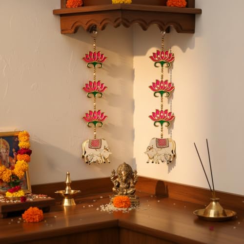 RR Crafts Engineered Wood,Rosewood Door Entrance Hanging,Mandir Door Decorations Items,Pink Lotus with Cowcalf Hanging,Ganpati Decor & Diwali Decoration|Door Hanging|2 Pieces|24 Inch|Export Quality - Image 1
