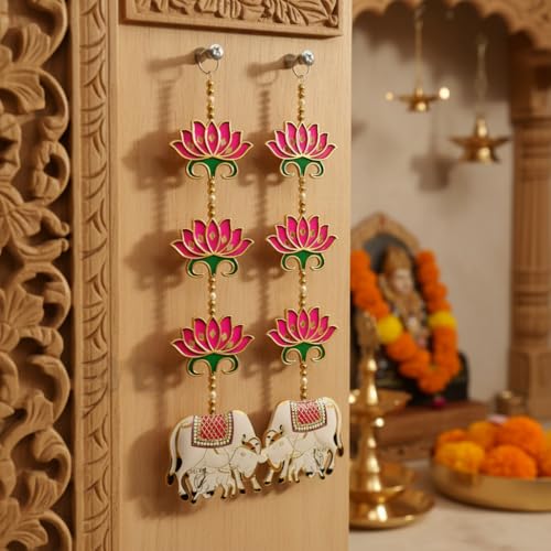 RR Crafts Engineered Wood,Rosewood Door Entrance Hanging,Mandir Door Decorations Items,Pink Lotus with Cowcalf Hanging,Ganpati Decor & Diwali Decoration|Door Hanging|2 Pieces|24 Inch|Export Quality - Image 5