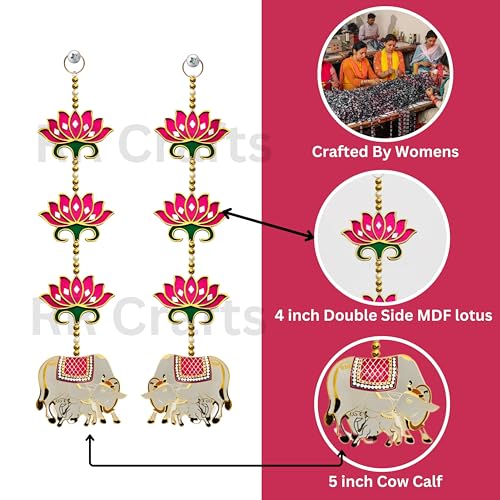 RR Crafts Engineered Wood,Rosewood Door Entrance Hanging,Mandir Door Decorations Items,Pink Lotus with Cowcalf Hanging,Ganpati Decor & Diwali Decoration|Door Hanging|2 Pieces|24 Inch|Export Quality - Image 3
