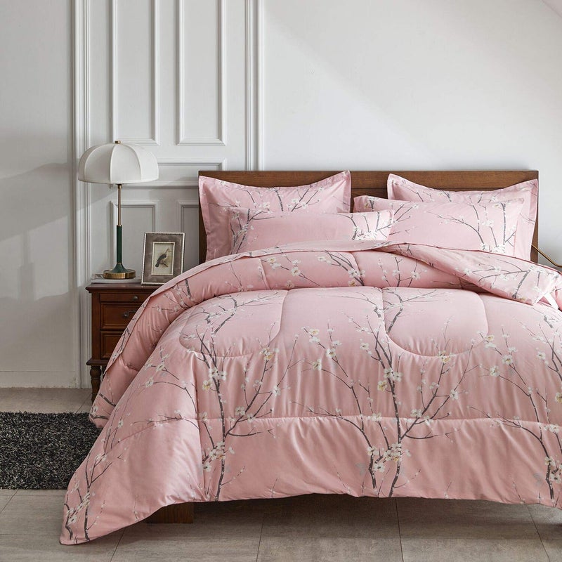 AIKASY Bed in a Bag 7 Pieces King Size  Floral Print  Soft Microfiber Reversible Bed Comforter Set 1 Comforter 2 Pillow Shams 1 Flat Sheet 1 Fitted Sheet 2 PillowcasesPink King