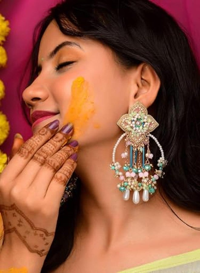 SANJOYA by EVERSTYLISH Embroidered Earrings for Women | Pastel Beads & Pearl Dangler Studs | Ethnic Jewelry for Weddings, Festivals & Special Occasions - Image 4