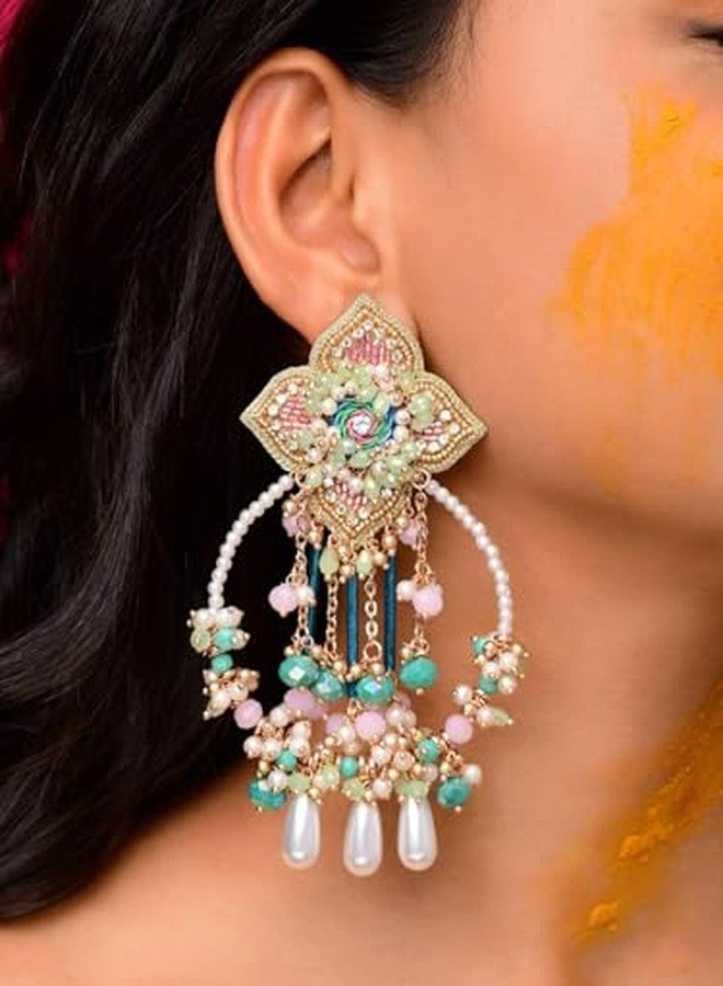 SANJOYA by EVERSTYLISH Embroidered Earrings for Women | Pastel Beads & Pearl Dangler Studs | Ethnic Jewelry for Weddings, Festivals & Special Occasions - Image 3