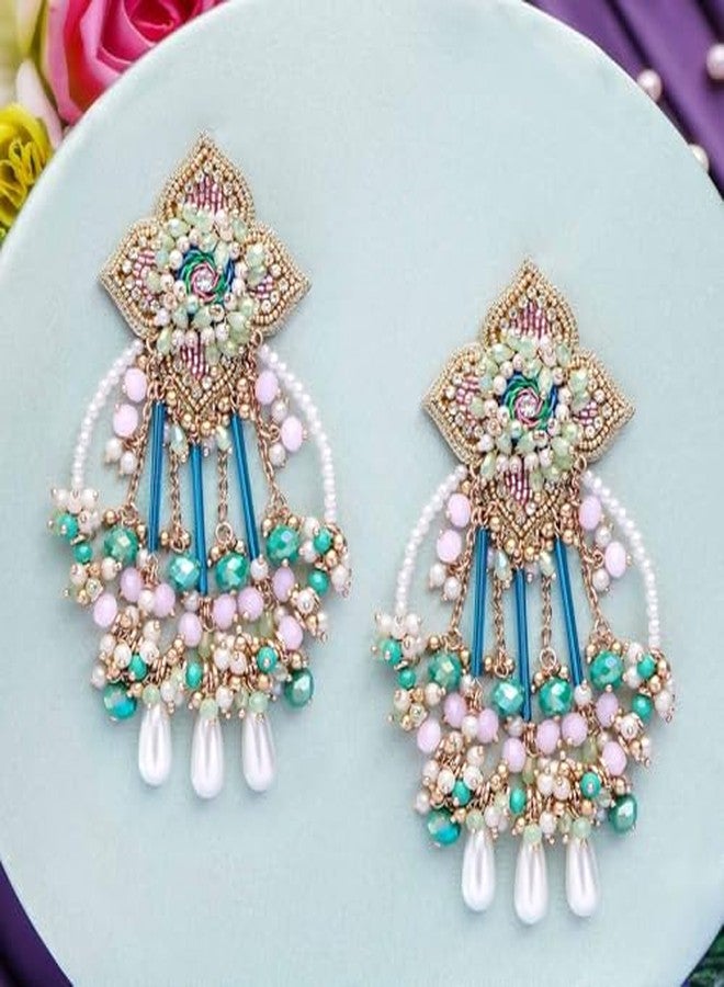 SANJOYA by EVERSTYLISH Embroidered Earrings for Women | Pastel Beads & Pearl Dangler Studs | Ethnic Jewelry for Weddings, Festivals & Special Occasions - Image 5