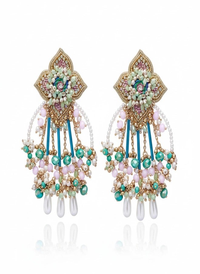 SANJOYA by EVERSTYLISH Embroidered Earrings for Women | Pastel Beads & Pearl Dangler Studs | Ethnic Jewelry for Weddings, Festivals & Special Occasions - Image 1
