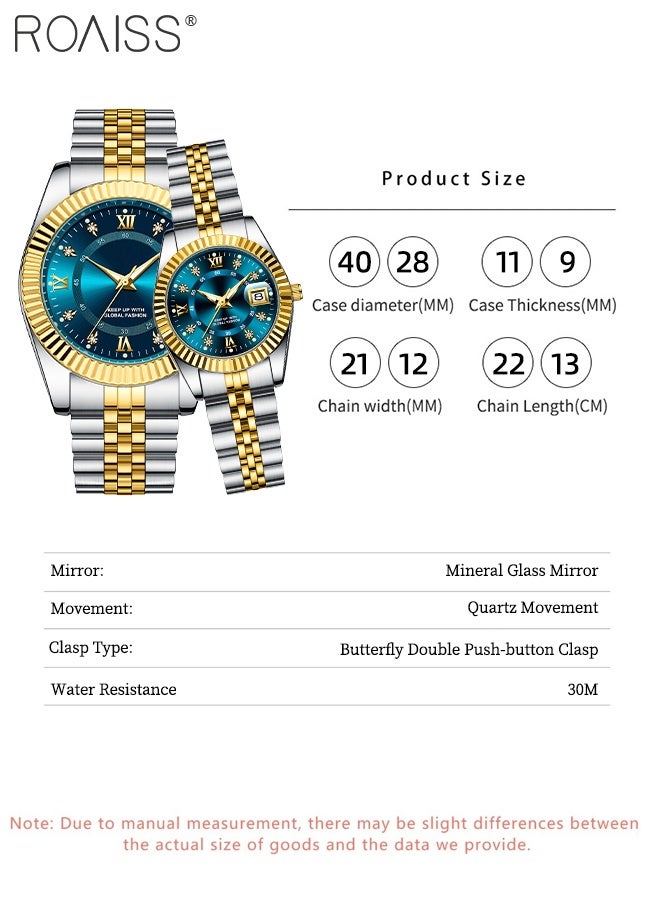 roaiss Light Luxury Quartz Couple Watch, Analog Display Round Dial with Date Window, Luminous Waterproof Classic Fashion Wristwatch, as Gift for Men and Women - Image 3