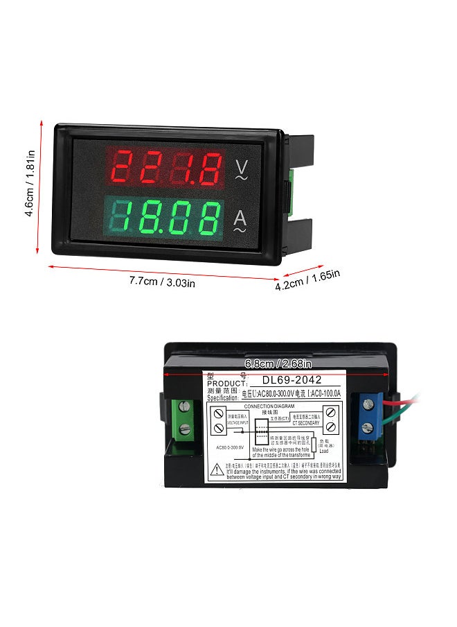 AC 80-300V 100A Digital Voltmeter Ammeter Amperage Tester Gauge Green Red LED Amp Dual Display AC Panel Current Meter Tester with Current Transformer