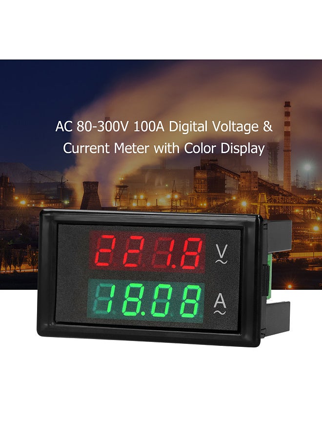 AC 80-300V 100A Digital Voltmeter Ammeter Amperage Tester Gauge Green Red LED Amp Dual Display AC Panel Current Meter Tester with Current Transformer