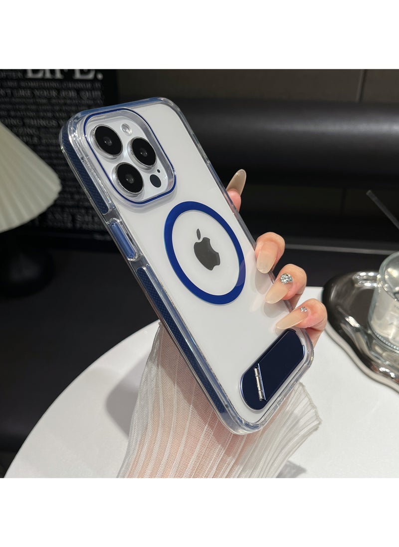 Generic - Luxury TPU PC Crystal clear Magnetic Phone case With Holder Stand for iPhone 13 Pro Max case With Metal Stand - Blue - Image 1