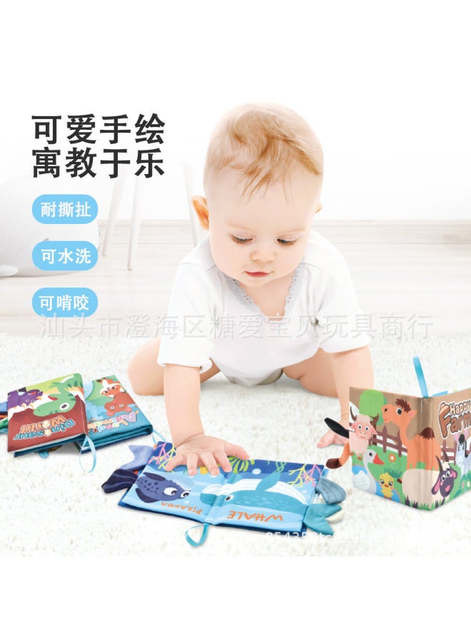 Tiibaby Baby Early Education Cognition Baby Cloth Book Toy Ring Paper Can't Tear Jungle Marine Animal Stereo English Palm Book - Image 3