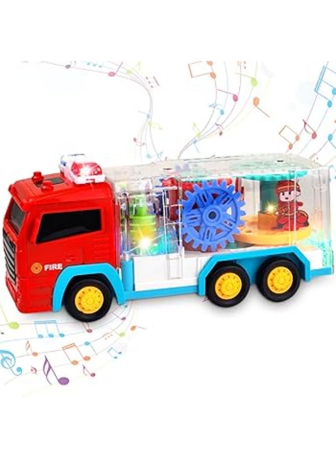 AlArabSooq Transparent Fire Truck | Best for Learning & Brain Development | 360 Rotation & Gear Moving Structure| LED Flash Lights with Music | Hit Obstacle Change Direction | Unisex (Girls & Boys) | 3+ Plus Age | 3AA Batteries Operated, Color May Vary | - Image 2