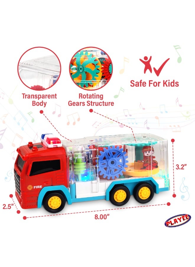 AlArabSooq Transparent Fire Truck | Best for Learning & Brain Development | 360 Rotation & Gear Moving Structure| LED Flash Lights with Music | Hit Obstacle Change Direction | Unisex (Girls & Boys) | 3+ Plus Age | 3AA Batteries Operated, Color May Vary | - Image 3