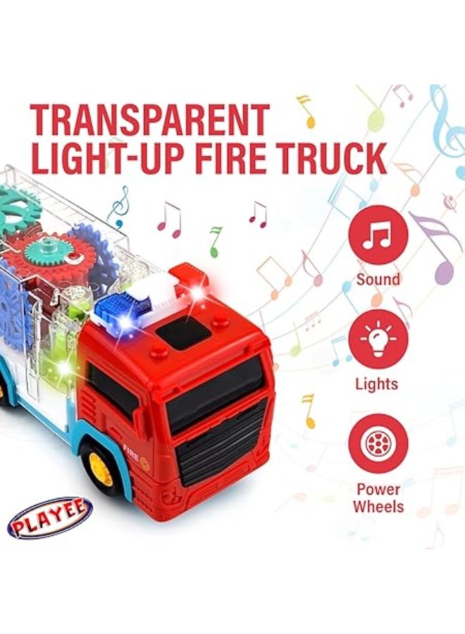 AlArabSooq Transparent Fire Truck | Best for Learning & Brain Development | 360 Rotation & Gear Moving Structure| LED Flash Lights with Music | Hit Obstacle Change Direction | Unisex (Girls & Boys) | 3+ Plus Age | 3AA Batteries Operated, Color May Vary | - Image 4