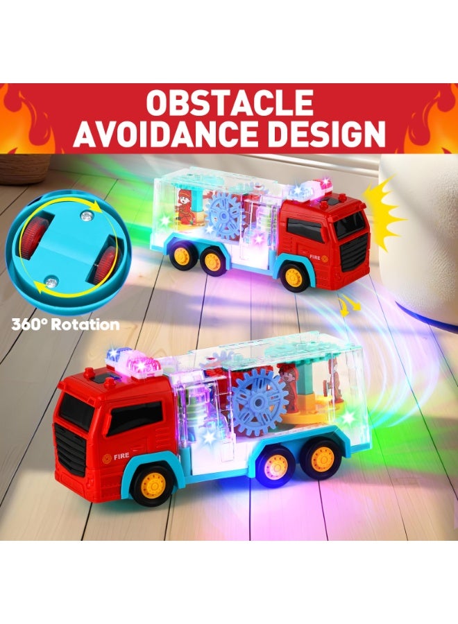 AlArabSooq Transparent Fire Truck | Best for Learning & Brain Development | 360 Rotation & Gear Moving Structure| LED Flash Lights with Music | Hit Obstacle Change Direction | Unisex (Girls & Boys) | 3+ Plus Age | 3AA Batteries Operated, Color May Vary | - Image 5