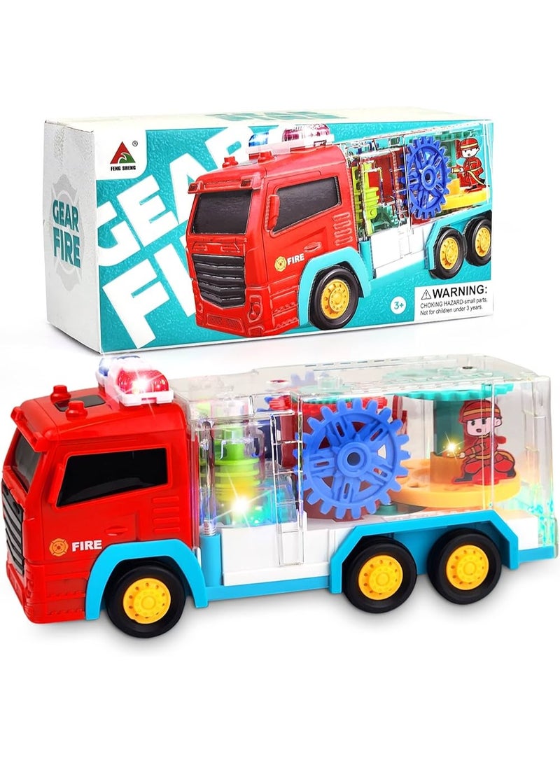 AlArabSooq Transparent Fire Truck | Best for Learning & Brain Development | 360 Rotation & Gear Moving Structure| LED Flash Lights with Music | Hit Obstacle Change Direction | Unisex (Girls & Boys) | 3+ Plus Age | 3AA Batteries Operated, Color May Vary | - Image 1