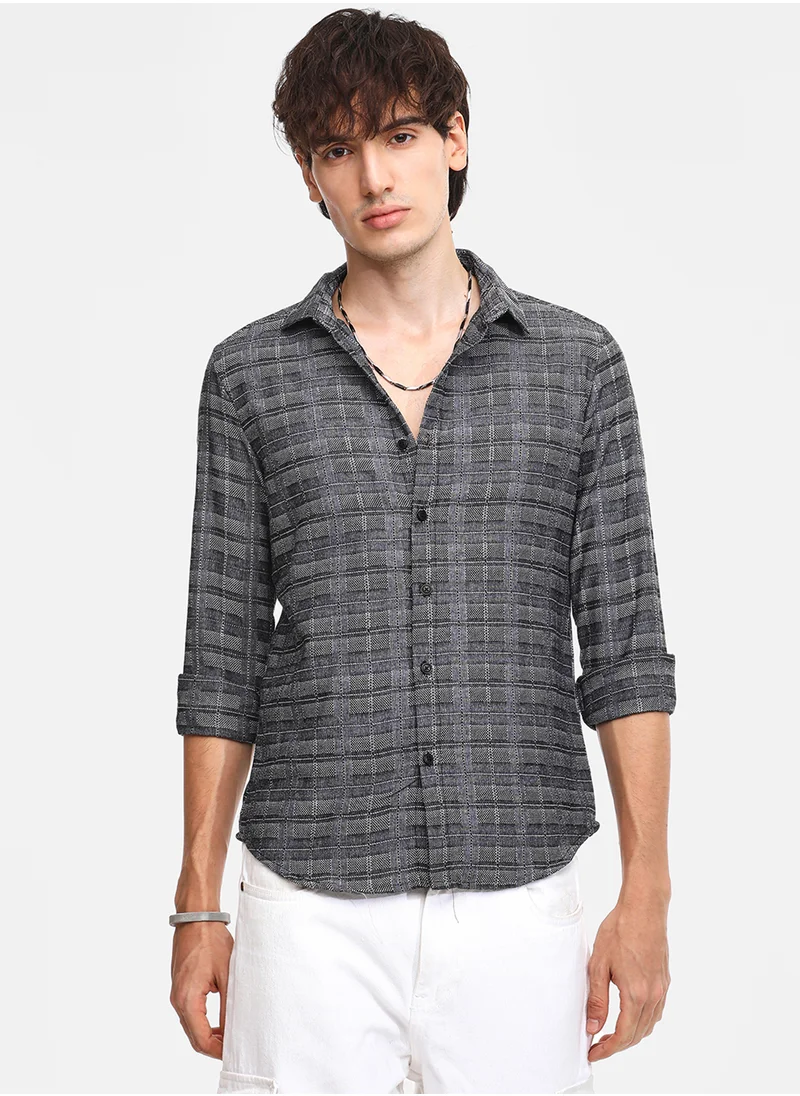 كامبوس سوترا Men's Charcoal Black Tartan Plaid Shirt