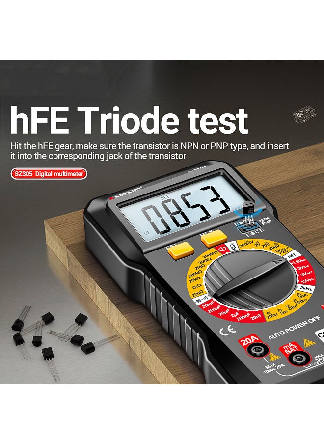 SZ305 Multimeter Capacitor Testers Professional 1999 Counts Smart Voltmeter Ohm Meter Fast Accurately Measures Voltage Current Resistance Capacitor Frequency Diode hFE