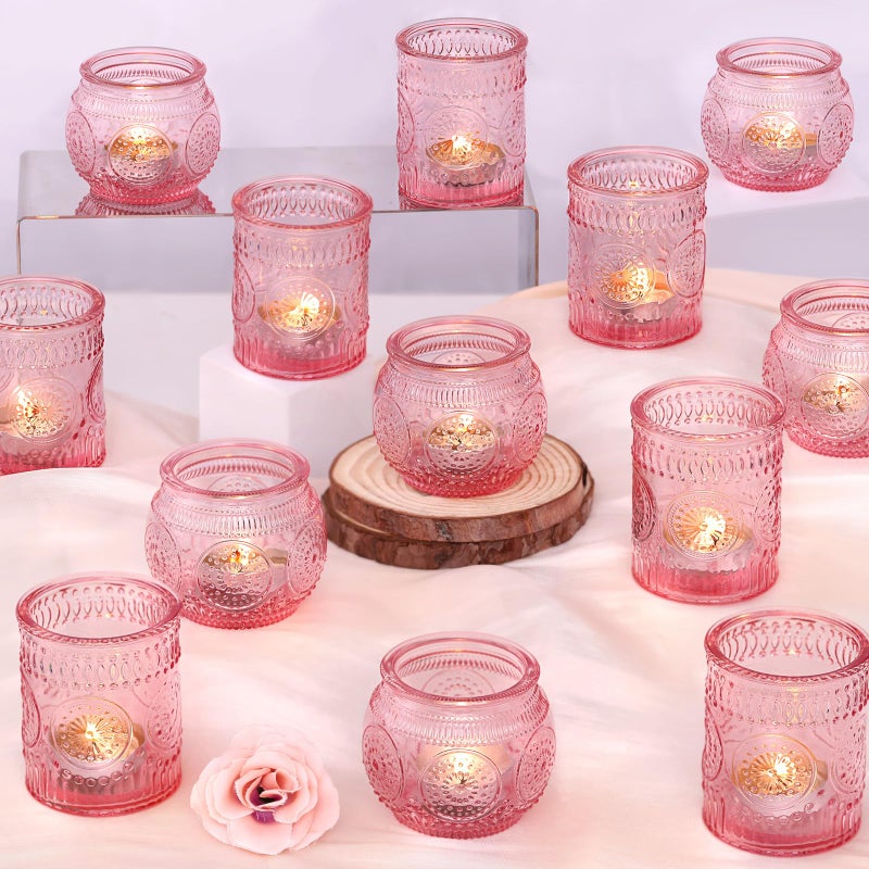 DARJEN 24Pcs Pink Votive Candle Holders- Glass Candle Holders Bulk for Flameless LED Tea Waxes, Romantic Candle Holder for Wedding Decor, Various Parties & Dinner Table - Image 1