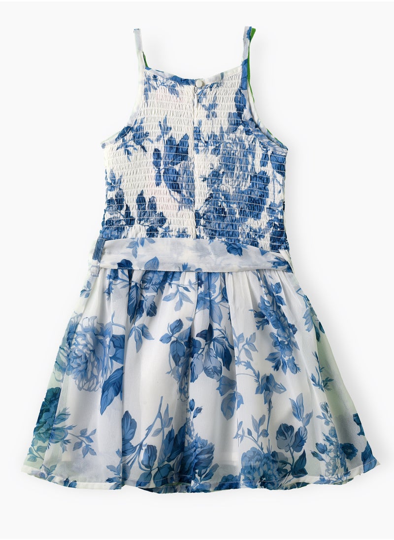 Jelliene Girls Smocked Blue Floral Belted Party Dress  - Image 2