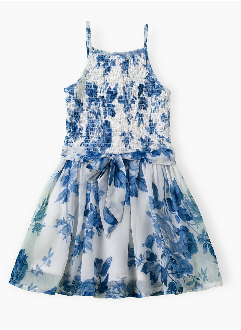 Jelliene Girls Smocked Blue Floral Belted Party Dress  - Image 1