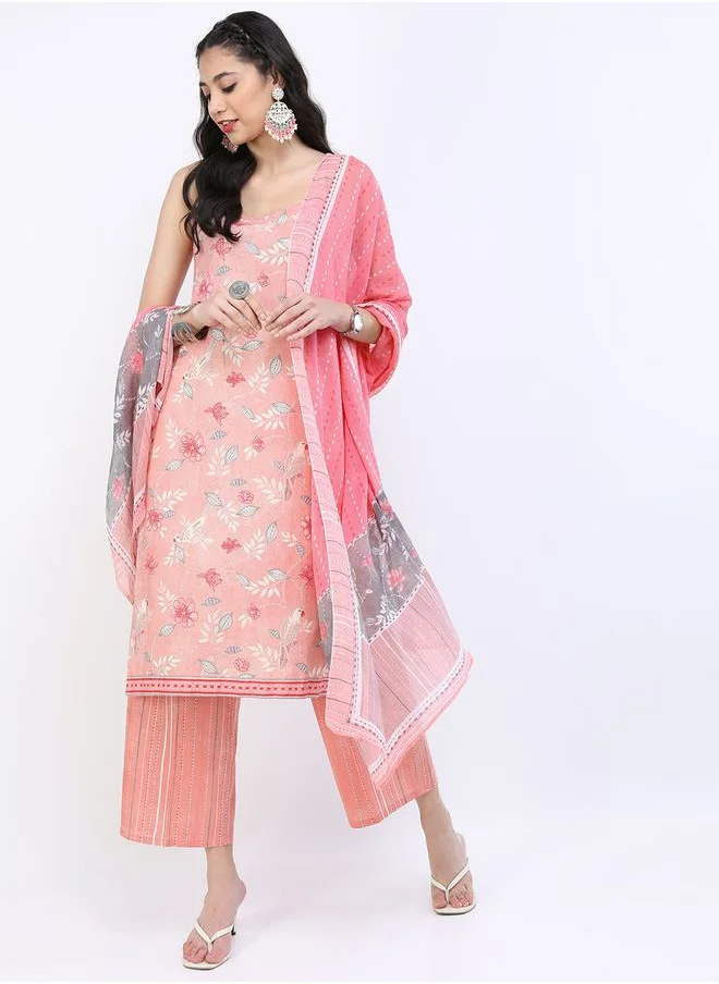 فيشود Floral Print Strappy Kurta and Palazzo with Dupatta Set